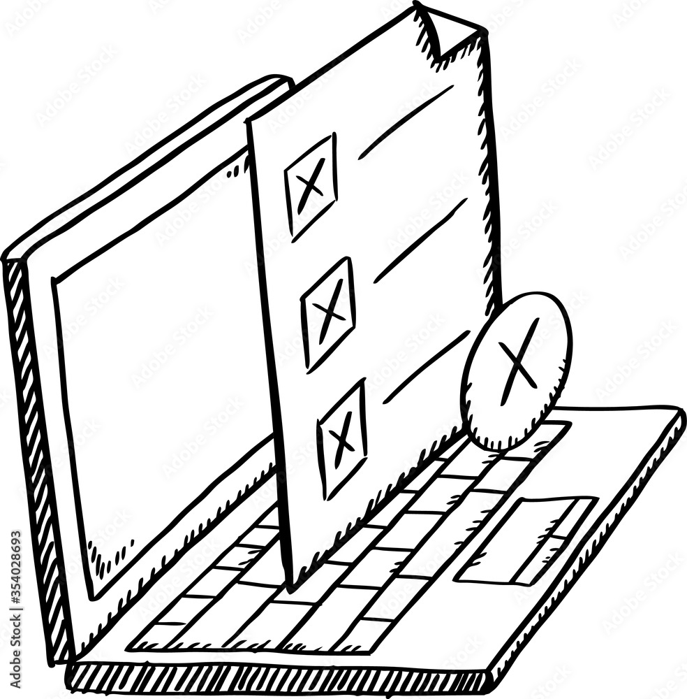 Poster sketch style laptop and survey with incorrectly marked answers. black and white illustration on tran