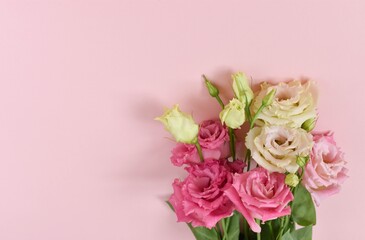 Beautiful bouquet of pink eustoma on a pink background
