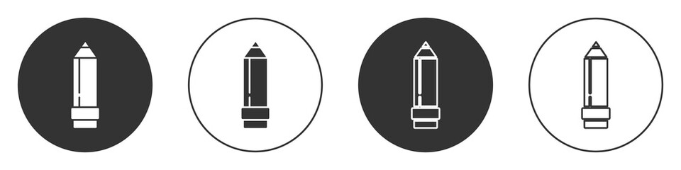 Black Pencil with eraser icon isolated on white background. Drawing and educational tools. School office symbol. Circle button. Vector Illustration.