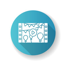 Obraz premium Event videography blue flat design long shadow glyph icon. Family holiday record. Birthday celebration video. Filmstrip of anniversary party. Silhouette RGB color illustration