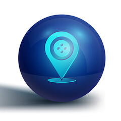Blue Location tailor shop icon isolated on white background. Blue circle button. Vector Illustration.
