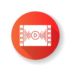 Music video red flat design long shadow glyph icon. Audio player. Sound equalizer. Videography and multimedia. Songs live streaming service. Silhouette RGB color illustration