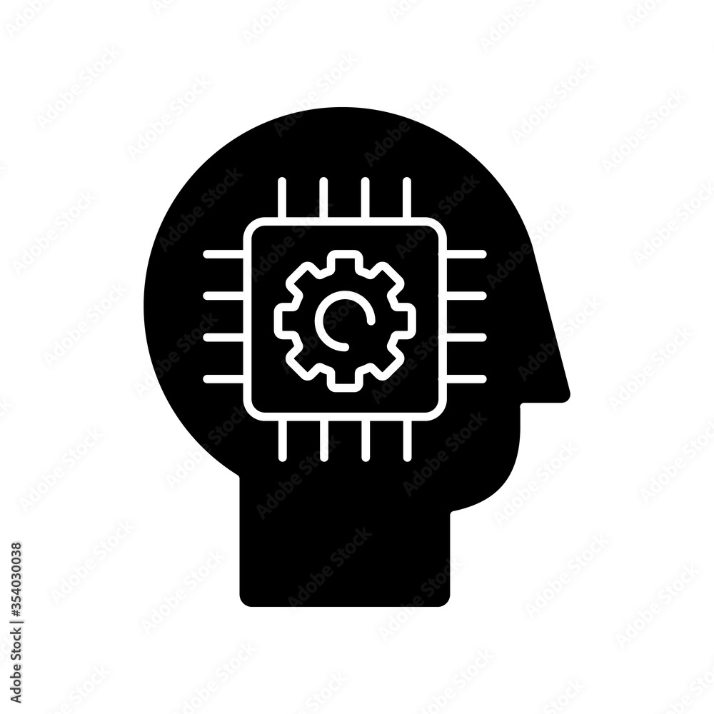 Poster cybernetics black glyph icon. futuristic science, innovative technology. artificial intelligence, ne