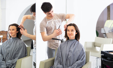 Stylist doing haircut for woman in salon