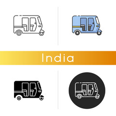 Auto rickshaw icon. Tuk-tuk. Indian transport. Traditional vehicle. Three-wheeler. Asian city transportation mode. Urban commuting. Linear black and RGB color styles. Isolated vector illustrations