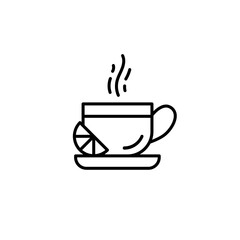 Cup of hot tea or coffee with lemon slice outline icon. Vector illustration with editable stroke. For branding, coffee shop, restaurant, menu, beekeeping, banner, card.