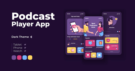 Podcasts hosting app cartoon smartphone interface vector templates set. Mobile app screen page night mode design. Multimedia content streaming UI for application. Phone display with flat characters