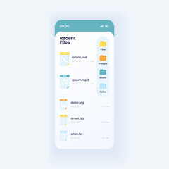 Recent files list smartphone interface vector template. Organizer app page light design layout. Search results screen. Flat UI for application. Multimedia file types and categories on phone display