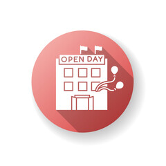 Open house day red flat design long shadow glyph icon. Special event in company. Invite to organization. Welcome guest to corporate presentation. Public relation. Silhouette RGB color illustration