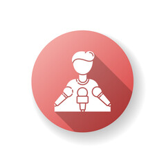 Spokesperson red flat design long shadow glyph icon. Press conference. Speaker on podium with microphones. Politician give interview. Journalist talk. Silhouette RGB color illustration
