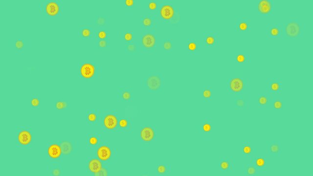 Graphical interface showing bitcoin mining process. Bitcoins on a green background, randomly flying coins. Cryptocurrency, cartoon background