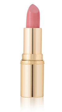 Natural color lipstick in gold packaging isolated on white background