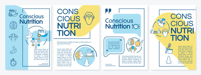 Conscious nutrition, healthy eating brochure template. Mindfulness. Flyer, booklet, leaflet print, cover design with linear icons. Vector layouts for magazines, annual reports, advertising posters