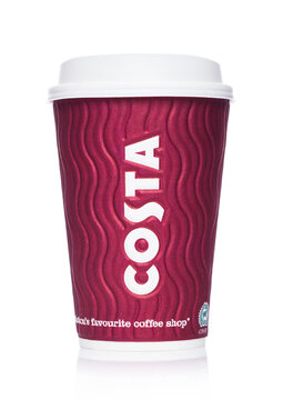 LONDON, UK - APRIL 15, 2019: Costa Coffee Paper Cup from the famous coffee shop chain with logo in the middle on white background.