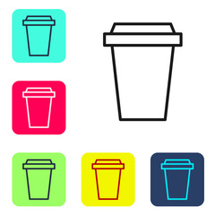 Black line Coffee cup to go icon isolated on white background. Set icons in color square buttons. Vector Illustration.