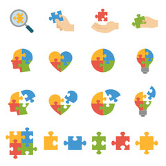 Fototapeta premium Jigsaw puzzle, Hand assembling puzzle icons set collection with white background. Thin line style stock vector.