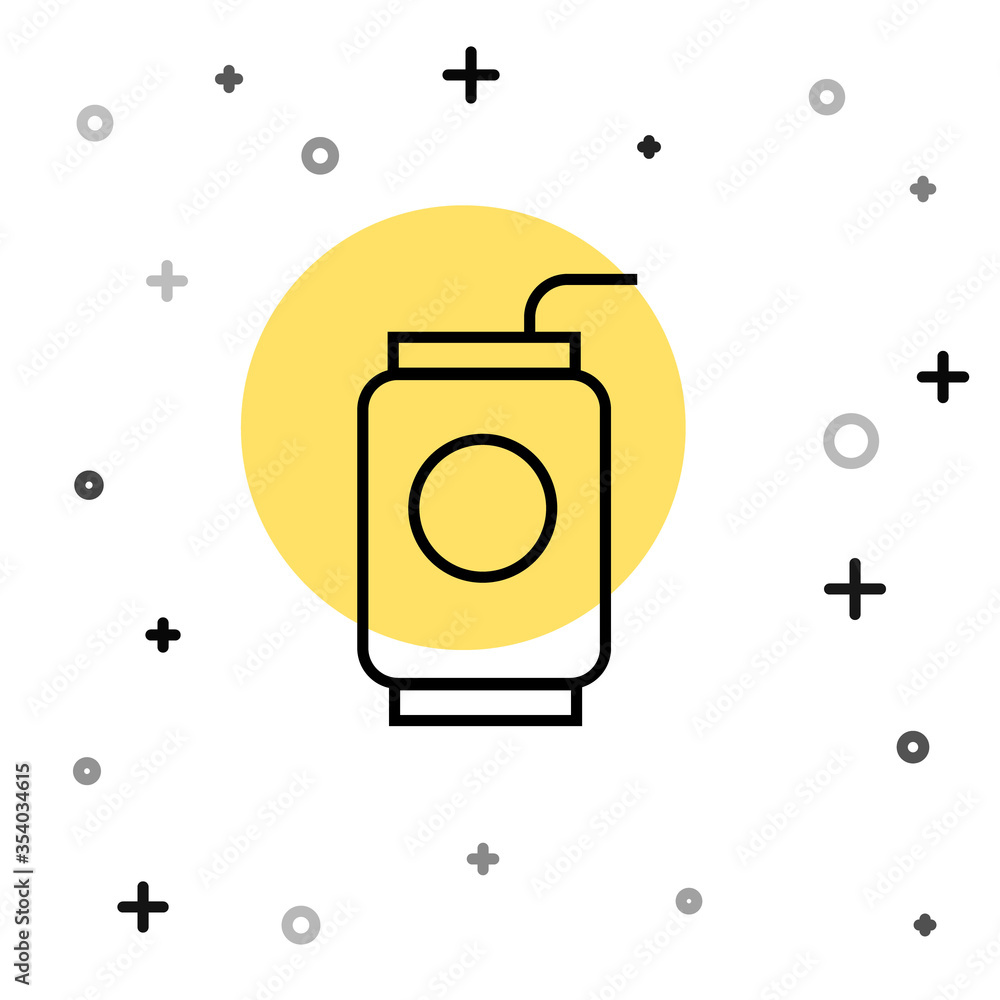 Poster black line soda can with drinking straw icon isolated on white background. random dynamic shapes. ve