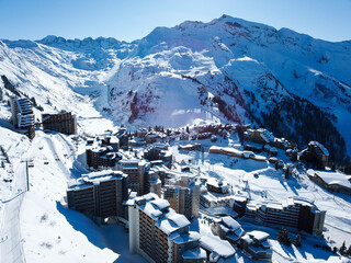 4k photo Avoriaz Morzine, French Alps, Snow Resort city, Aerial view , Rhone-Alpes, France, Europe - obrazy, fototapety, plakaty