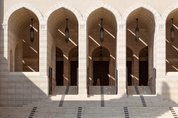 Arches at entrance of Sultan Qaboos Grand Mosque at the outskirts of Nizwa, Oman