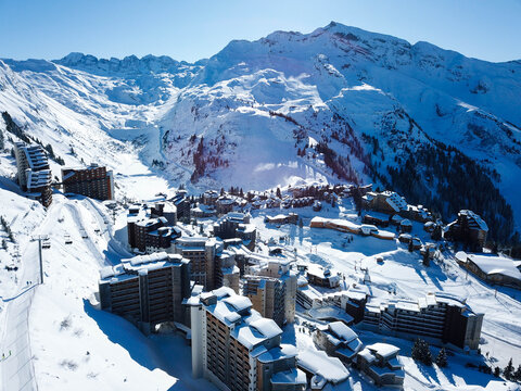 4k photo Avoriaz Morzine, French Alps, Snow Resort city, Aerial view , Rhone-Alpes, France, Europe