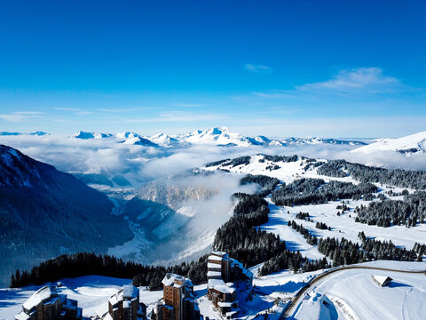 4k photo Avoriaz Morzine, French Alps, Snow Resort city, Aerial view , Rhone-Alpes, France, Europe