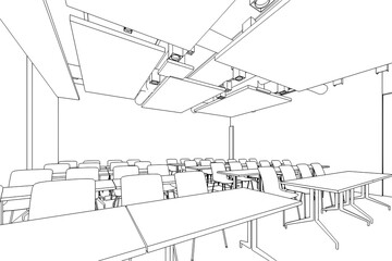 interior outline sketch drawing perspective of a space office