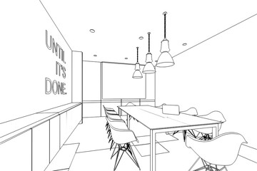 Fototapeta na wymiar interior outline sketch drawing perspective of a space office