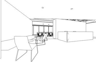 interior outline sketch drawing perspective of a space office