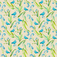 Watercolor seamless pattern of blue little flowers and blue birds, pigeons on a beige background. Hand drawn isolated elements. Suitable for wedding products and home comfort