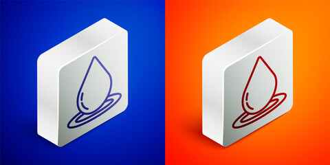Isometric line Water drop icon isolated on blue and orange background. Silver square button. Vector Illustration.