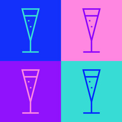 Pop art line Glass of champagne icon isolated on color background. Vector Illustration.