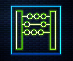 Glowing neon line Abacus icon isolated on brick wall background. Traditional counting frame. Education sign. Mathematics school. Vector Illustration.