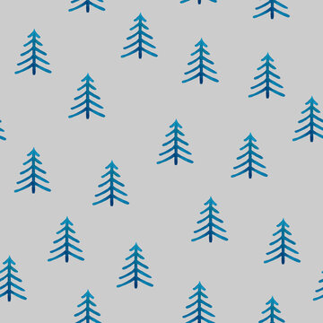 Christmas trees seamless pattern, blue trees, grey background, watercolor 