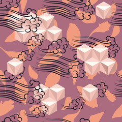 Abstract seamless pattern. Pattern combines natural motifs and geometric shapes with Japanese motifs. Suitable for full imprinting.