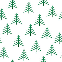Christmas trees seamless pattern, white background, watercolor 
