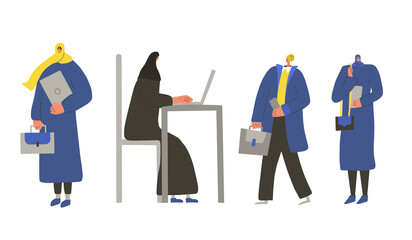 Muslim woman with laptop. Vector flat person.