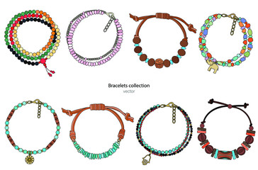 Collection of handmade bracelets in ethnic style. Color vector illustration isolated on a white background. - obrazy, fototapety, plakaty