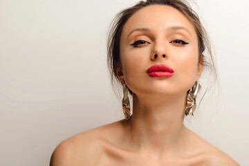 Portrait of Young Beautiful European Woman. Elegance CloseUp of Female Eye with Classic MakeUp and Liner. Beauty, Cosmetics and Makeup. Brown Eyeshadow on Eyelid. Red Lips