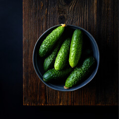 Bowl of cucumbers on black background, from above