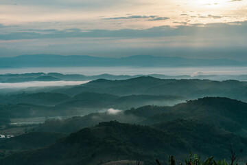 Fototapeta premium Beautiful Landscape of mountain layer in morning sun ray and winter fog at Doi Sa Ngo mountain in Chiang Saen district of Chiang Rai province of Thailand
