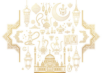 Vector set with arabic elements for Ramadan Greetings, Iftar Party  invitation. Arabic hookah, coffee pot, crescent, Eastern lanterns for Iftar, Eid Al-Fitr decoration. Muslim feast of Ramadan month. 