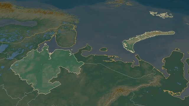 Arkhangel'sk, region with its capital, zoomed and extruded on the relief map of Russia in the conformal Stereographic projection. Animation 3D