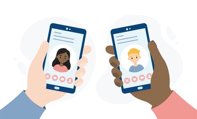 Dating application for smartphones. Hands holding smartphones. People dating through an online app.