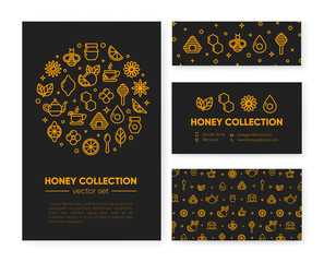 Set of templates with honey, bee, honeycomb. Design element, outline set, icons of honey symbols. Honey market badge. Beekeeping. Vector illustration, eps 10. Premium black and yellow color