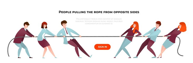 Tug war banner. Cartoon diverse people pulling the rope from opposite sides, teamwork and competition. Vector illustration office team persons at business contest © SpicyTruffel