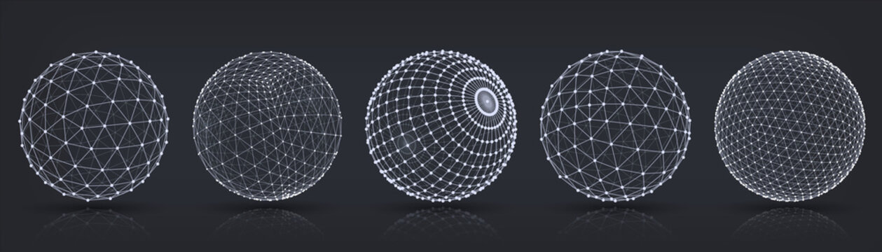 Grid spheres. Realistic 3D globes with abstract net or wireframe for chemical or biology, infographic, round particles structure concept. Vector set connect in circle wireframe structure