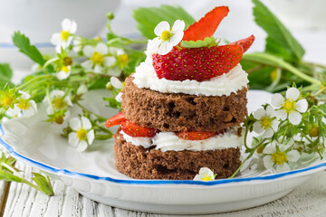 handmade strawbery cake with frrries eready to breakfast