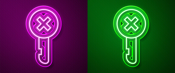 Glowing neon line Wrong key icon isolated on purple and green background. Vector Illustration.