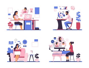 Webinar. Online meeting and self education concept with business cartoon characters staying at home. Vector illustrations online lessons and tutorial like educational template site