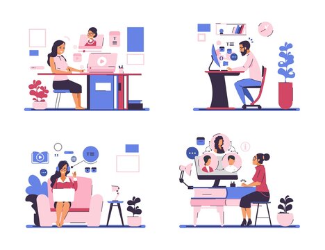 Webinar. Online meeting and self education concept with business cartoon characters staying at home. Vector illustrations online lessons and tutorial like educational template site